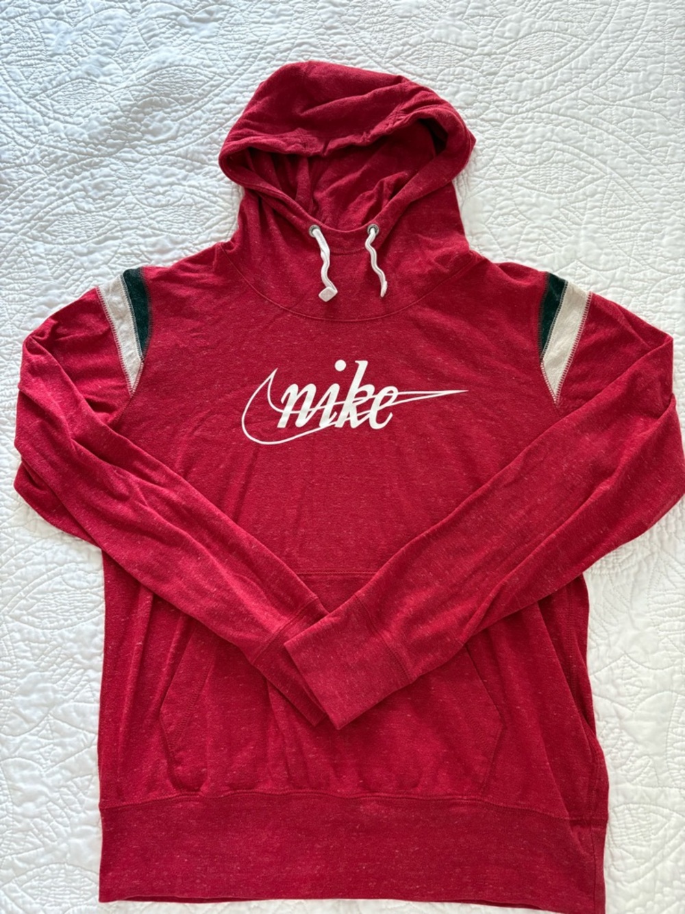 Nike Script Logo Hoodie Women’s Medium Red Heathered Pullover Kangaroo Pocket